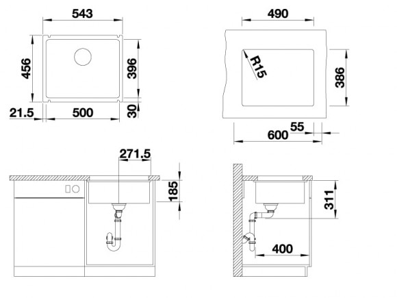 Кухонная мойка Blanco Subline 500-U керамика (базальт, с отводной арматурой InFino®) Кухонная мойка Blanco Subline 500-U керамика (базальт, с отводной арматурой InFino®)
