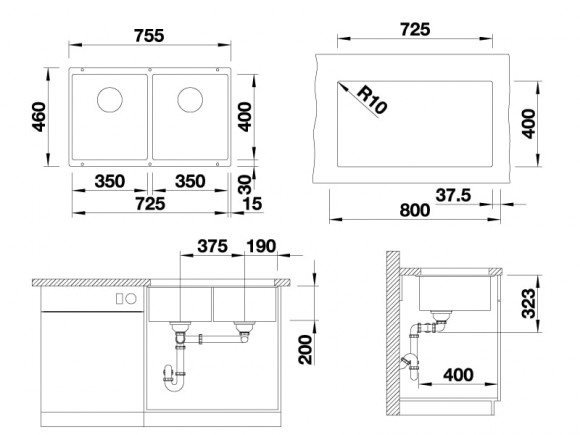Кухонная мойка Blanco Subline 350/350-U (шампань, с отводной арматурой InFino®)