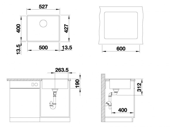Кухонная мойка Blanco Subline 500-F (алюметаллик, с отводной арматурой InFino®)