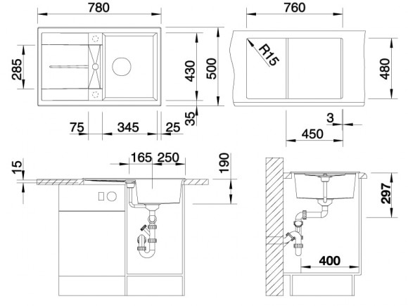 Кухонная мойка Blanco Metra 45 S (антрацит, с клапаном-автоматом) Кухонная мойка Blanco Metra 45 S (антрацит, с клапаном-автоматом)